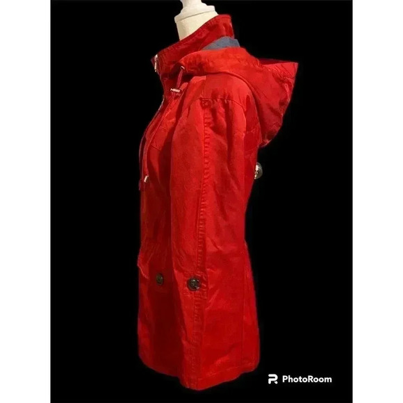 TRIBAL Women's Petite Small Hooded Coat Red Full Zipper 4 Brown Buttons - Picture 2 of 4